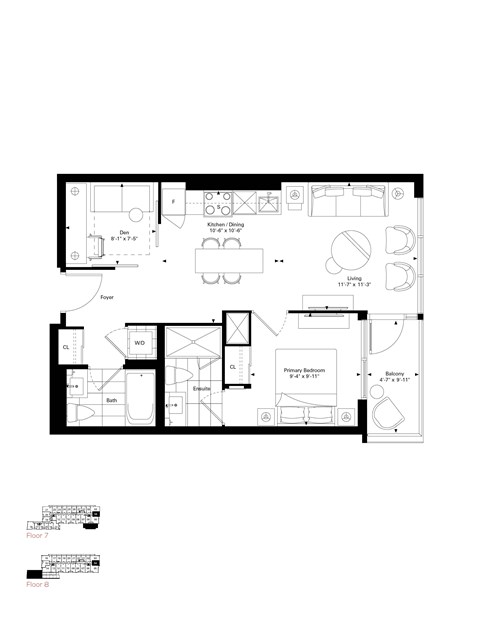 Floor plan for 1 bed, 1 bath, 660 sqft